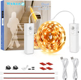 WOBANE Motion Sensor Stair Strip Lights,Rechargeable Motion Activated Closet Light,Battery Powered LED Strip,60 LEDs Homelife Bar for Bed,Pantry,Counter,Night Light,Cabinet,6.56ft/16.4ft