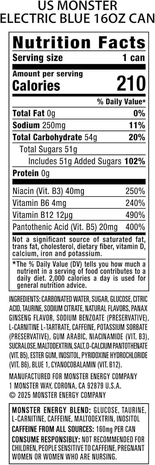 Monster Energy Electric Blue, Energy Drink, 16 Ounce (Pack of 15)