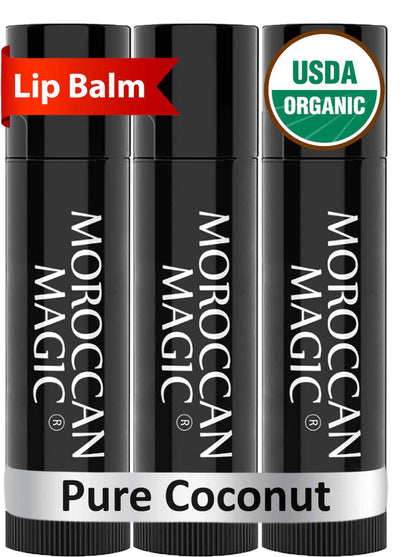 Moroccan Magic Organic Pure Coconut Lip Balm 3 Pack | Ultra-Hydrating Argan & Essential Oil Lip Moisturizer + Vitamin E | Natural Chapstick for Dry Lips | Smooth, Non-Toxic | Organic Lip Balm