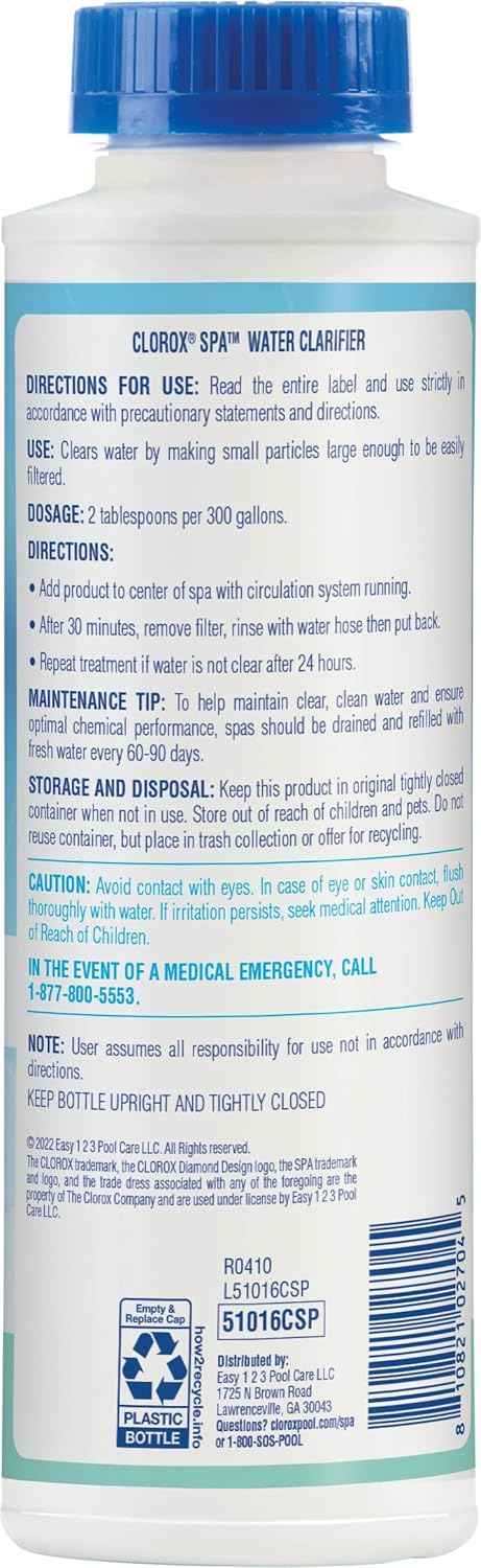 Clorox® Pool&Spa™ Spa Water Clarifier, For Crystal Clear Spa Water, Clears Dull, Hazy or Cloudy Water, 16 Ounce (Pack of 1)