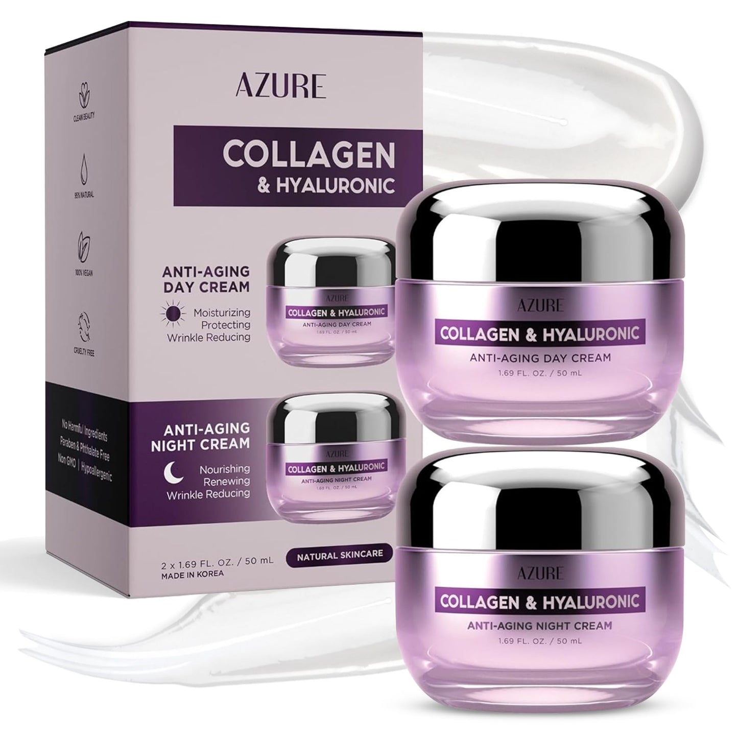 Azure Cosmetics Collagen &amp;amp; Hyaluronic Acid Face Moisturizer - Dermatologist Tested, Anti-Aging Cream for Fine Lines &amp;amp; Wrinkles - Ultra Hydrating Face Cream - Korean Skin Care - Day &amp;amp; Night Duo Set