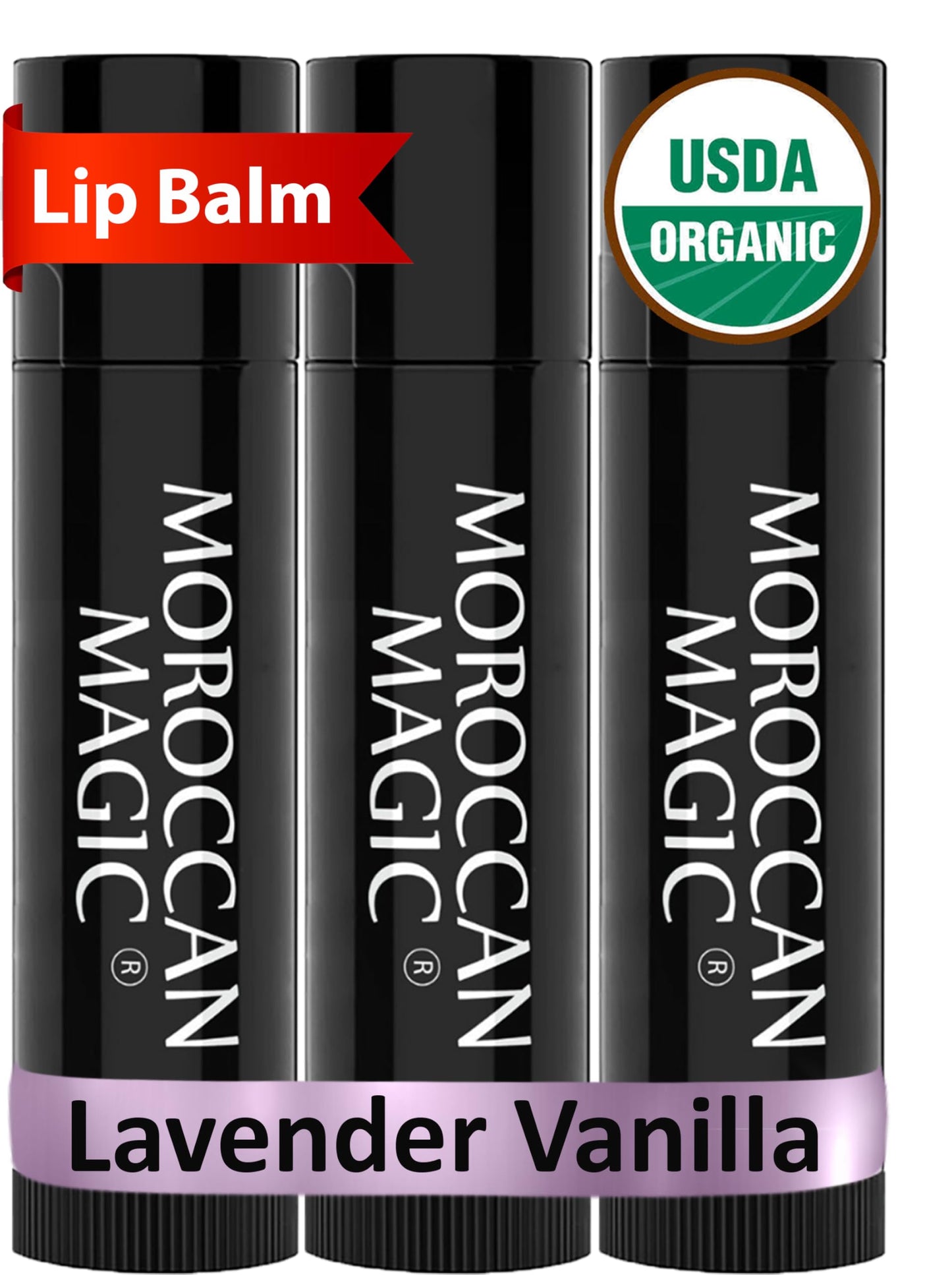 Moroccan Magic Organic Lavender Vanilla Lip Balm 3 Pack | Ultra-Hydrating Argan &amp;amp; Essential Oil Lip Moisturizer + Vitamin E | Natural Chapstick for Dry Lips | Smooth, Non-Toxic | Organic Lip Balm