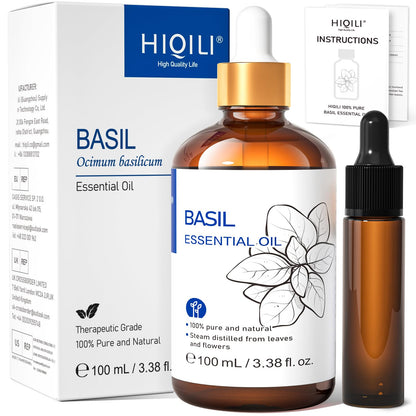 HIQILI Basil Essential Oil, 100% Pure &amp;amp; Natural, Diffuser in Bedroom, Yoga, Mediation for Calming Relaxation Mood, Hair Growth, Body Massage, DIY Sweet Herbal Scented Soap Gifts- 100ML