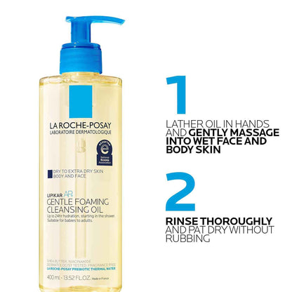 La Roche-Posay Lipikar AP+ Gentle Foaming Cleansing Oil, Gentle Oil Cleanser for Face and Body Formulated with Niacinamide, Long-Lasting 24-hour Hydration, Fragrance-Free & Soap Free