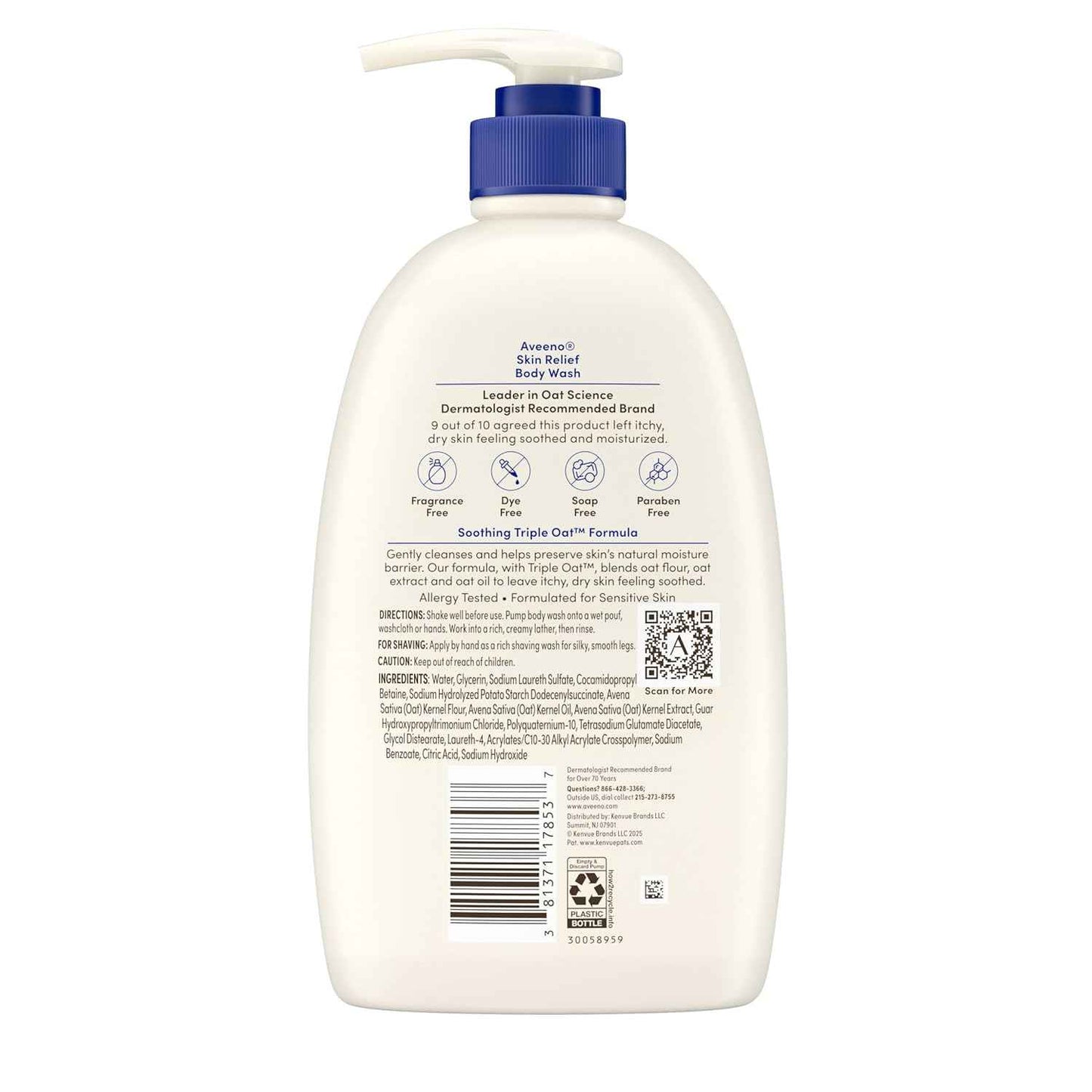 Aveeno Skin Relief Fragrance-Free Body Wash with Triple Oat® Complex, Gentle Daily Cleanser for Sensitive Skin Leaves Itchy, Dry Skin Feeling Soothed & Moisturized, 33 fl. oz