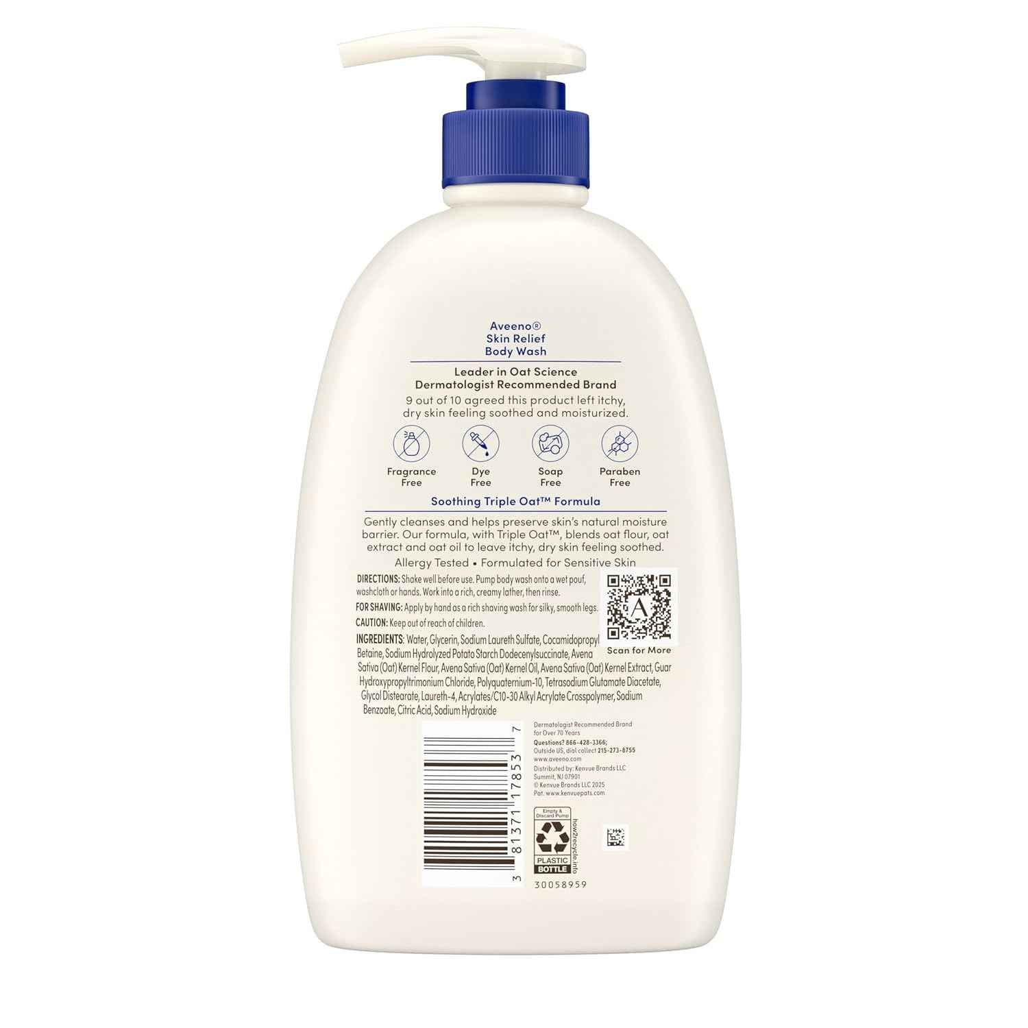 Aveeno Skin Relief Fragrance-Free Body Wash with Triple Oat® Complex, Gentle Daily Cleanser for Sensitive Skin Leaves Itchy, Dry Skin Feeling Soothed & Moisturized, 33 fl. oz