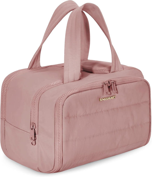 BAGSMART_Travel_Toiletry_Bag,_Lightweight_Large_Wide-open_Travel_Bag_for_Women,_Puffy_Cosmetic_Makeup_Bag_Organizer_with_Handle_for_Accessories,Essentials,_Toiletries,_Dark_Pink