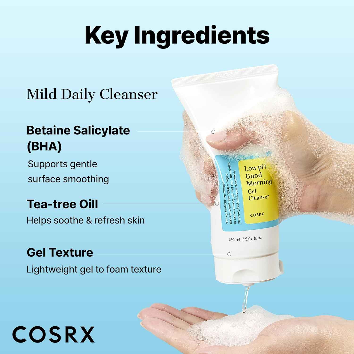 COSRX Low pH Good Morning Gel Face Cleanser, BHA Face Wash, Daily Mild Face Cleanser for Sensitive Skin, PH Balancing, Korean Skin Care, Korean Face Wash