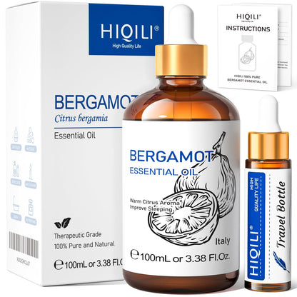 HIQILI Bergamot Essential Oil for Diffuser, Skin, Hair, DIY, 100% Pure &amp;amp; Natural - 3.38 Fl Oz (100 mL)