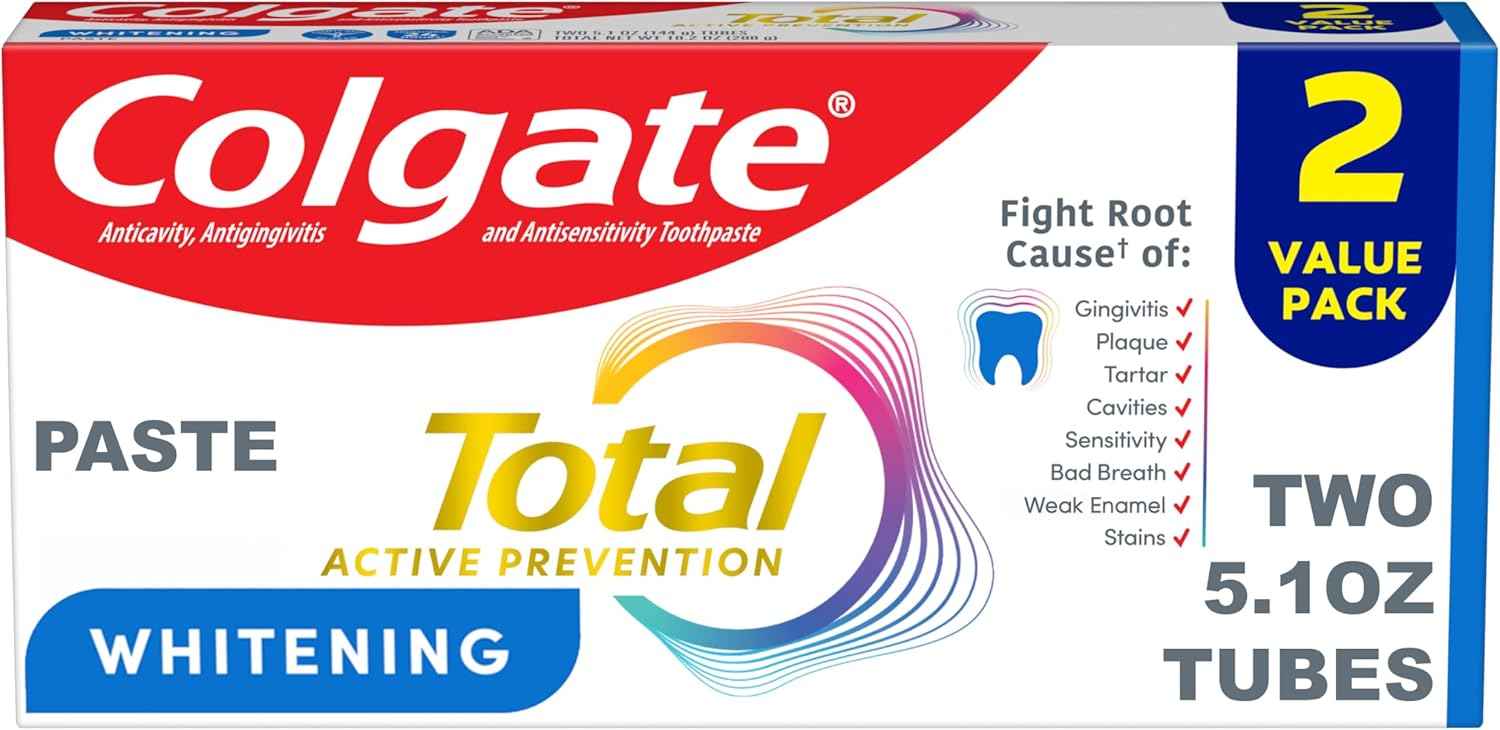 Colgate Total Whitening Toothpaste Paste, Fluoride Antibacterial for Plaque, Gingivitis, Sensitivity, Stain Removal, Clinically Proven, Mint
