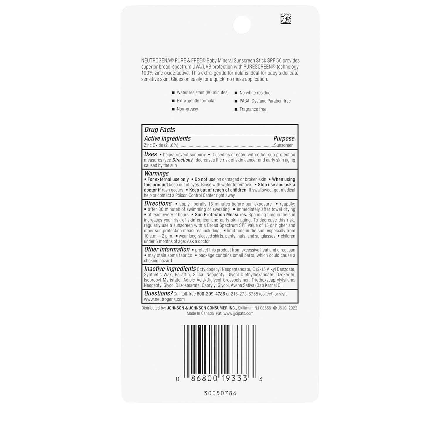 Neutrogena Pure & Free Baby Mineral Sunscreen Stick with Broad Spectrum SPF 50 & Zinc Oxide, Water-Resistant, Hypoallergenic, Paraben-, Dye- & PABA-Free Baby Face & Body Sunscreen, 0.47 oz