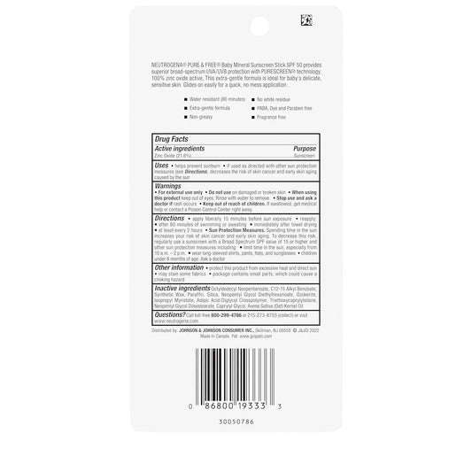 Neutrogena Pure & Free Baby Mineral Sunscreen Stick with Broad Spectrum SPF 50 & Zinc Oxide, Water-Resistant, Hypoallergenic, Paraben-, Dye- & PABA-Free Baby Face & Body Sunscreen, 0.47 oz
