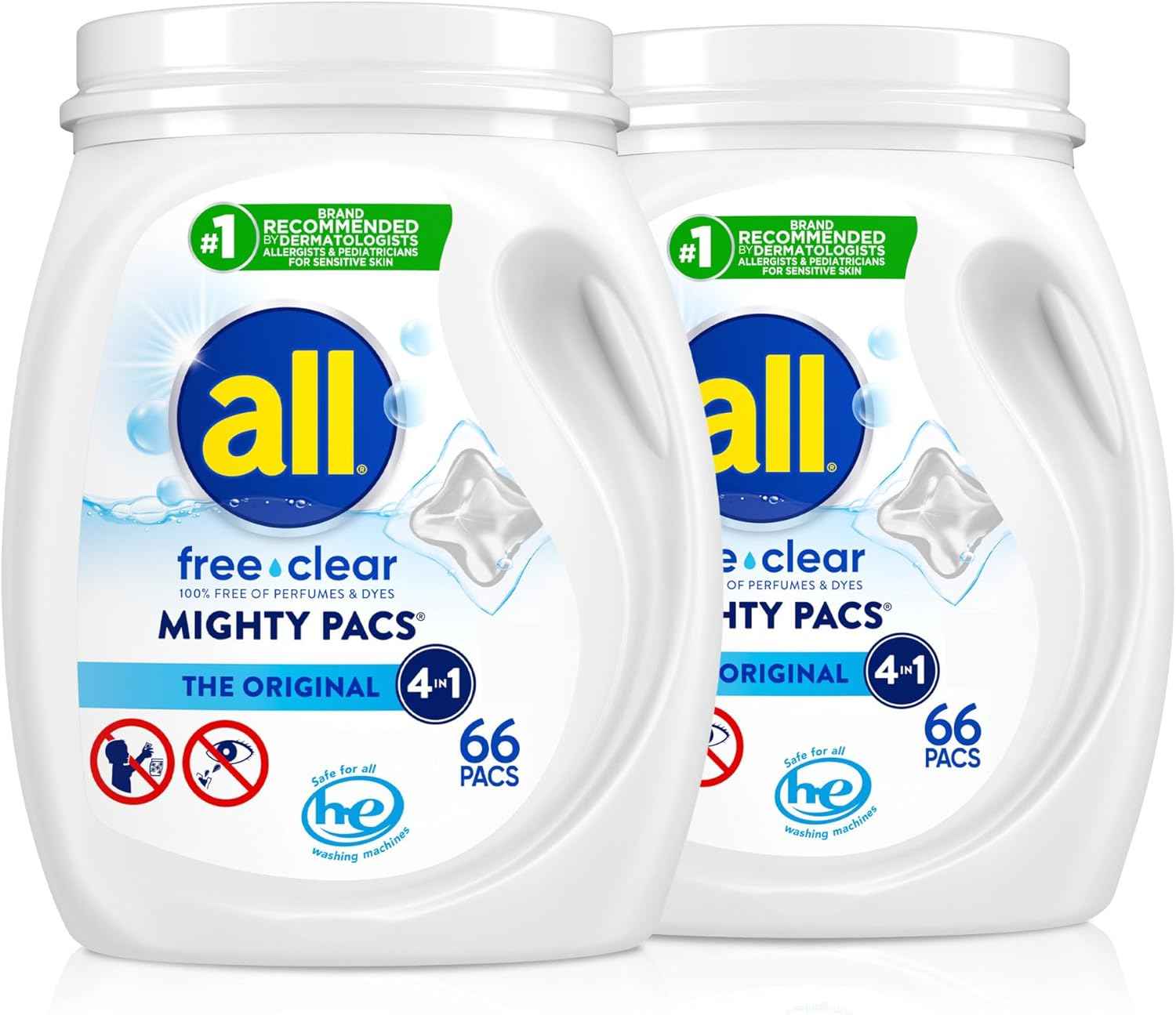 all free clear, Original, MIGHTY PACS Laundry Detergent Pacs for Sensitive Skin, Unscented and Hypoallergenic, 66 Count (Pack of 2)