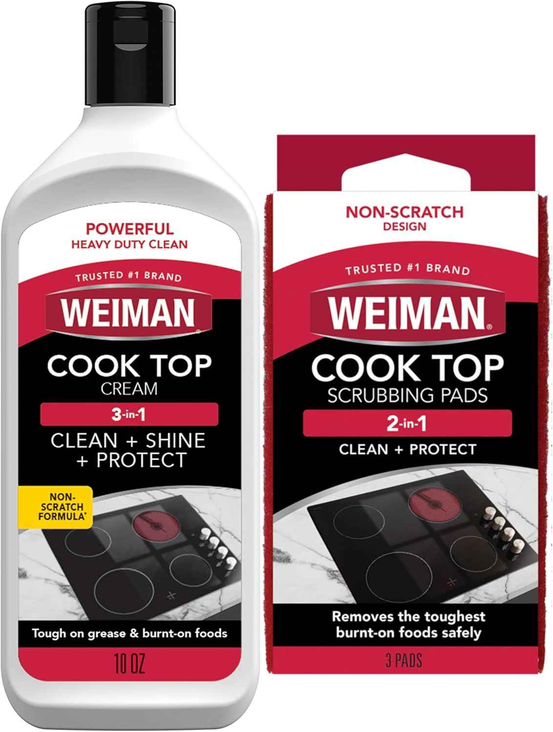 Weiman Ceramic and Glass Cooktop Cleaner - Heavy Duty Cleaner and Polish (10 Ounce Bottle and 3 Scrubbing Pads)
