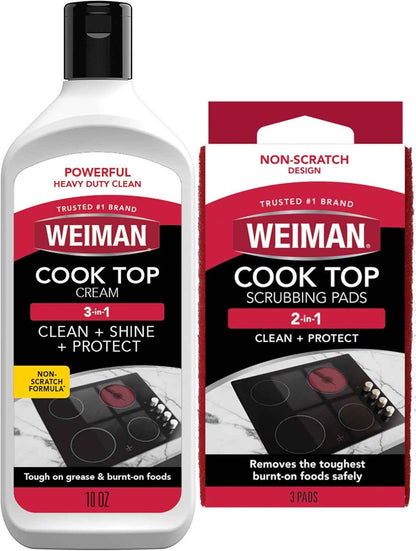 Weiman Ceramic and Glass Cooktop Cleaner - Heavy Duty Cleaner and Polish (10 Ounce Bottle and 3 Scrubbing Pads)