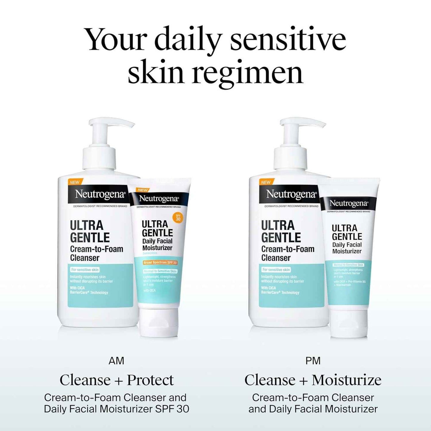 Neutrogena Ultra Gentle Daily Facial Moisturizer with SPF 30 Sunscreen with CICA, Lightweight Face Lotion with Broad Spectrum SPF 30 for Normal to Sensitive Skin, Fragrance-Free, 3.4 fl. oz