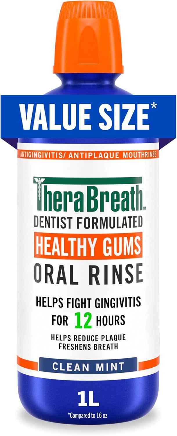 TheraBreath Healthy Gums Oral Rinse, Antigingivitis, Clean Mint Flavor, Dentist Formulated to Help Prevent Gingivitis and Support Gum Health, Alcohol Free, 1 Liter
