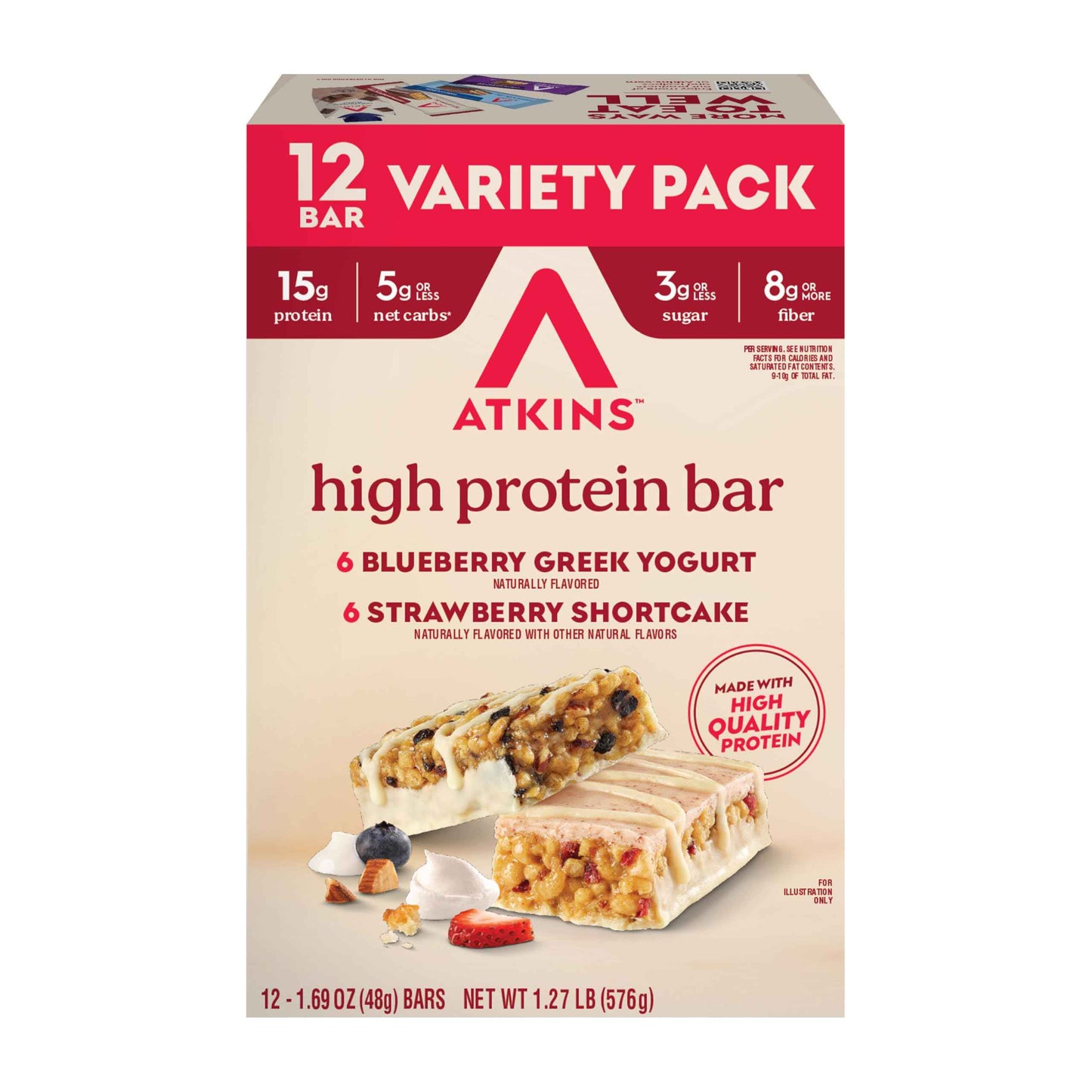 Atkins High Protein Bar, High Fiber Snack , 16g Protein, 1g Sugar, 4g Net Carb, Protein Snack
