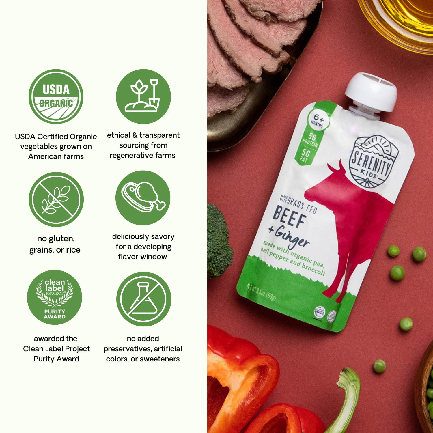 Serenity_Kids_6+_Months_Baby_Food_Pouches_Puree_Made_With_Ethically_Sourced_Meats_&_Organic_Veggies_|_3.5_Ounce_BPA-Free_Pouch_|_Grass_Fed_Beef_&_Ginger,_Pea,_Bell_Pepper,_Broccoli_|_1_Count