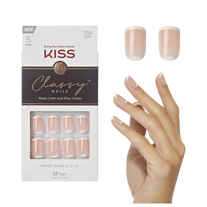 KISS Classy, Press On Nails, Nail glue included, White, Medium Size, Almond Shape, Includes 28 Nails, 2g glue, 1 Manicure Stick, 1 Mini File
