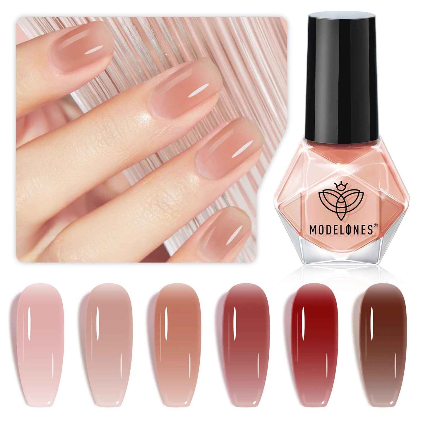 modelones Jelly Nail Polish 6 Colors, Sheer Nude Mini Nail Polish Set Red Pink Brown Quick Dry Spring Summer Fingernail Polish for DIY Nail Art Salon Home Gift for Women Girl
