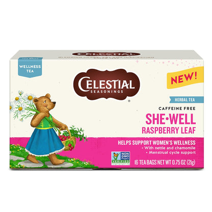 Celestial_Seasonings_SheWell_Raspberry_Leaf_Wellness_Tea,_Caffeine_Free,_16_Tea_Bags_Box