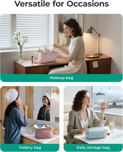 BAGSMART_Makeup_Bag_Travel_Toiletry_Bag,_Puffy_Padded_Make_Up_Bags_for_Women_Makeup_Organizer_Case,_Wide-open_Pouch_Purse_Travel_Essentials_Toiletries_Accessories_Brushes,_Pink