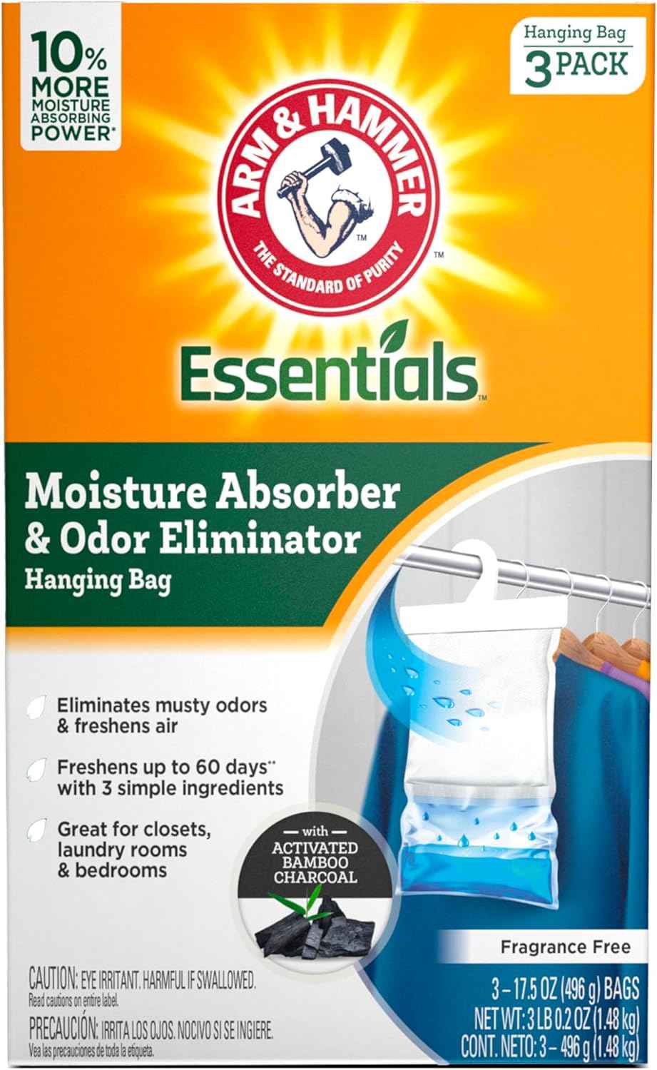 Arm & Hammer Essentials Hanging Moisture Absorber and Odor Eliminator, 17.5 oz., 3 Pack, Moisture Absorbers for Closets, Laundry Rooms and Bedrooms, Long-Lasting Freshness