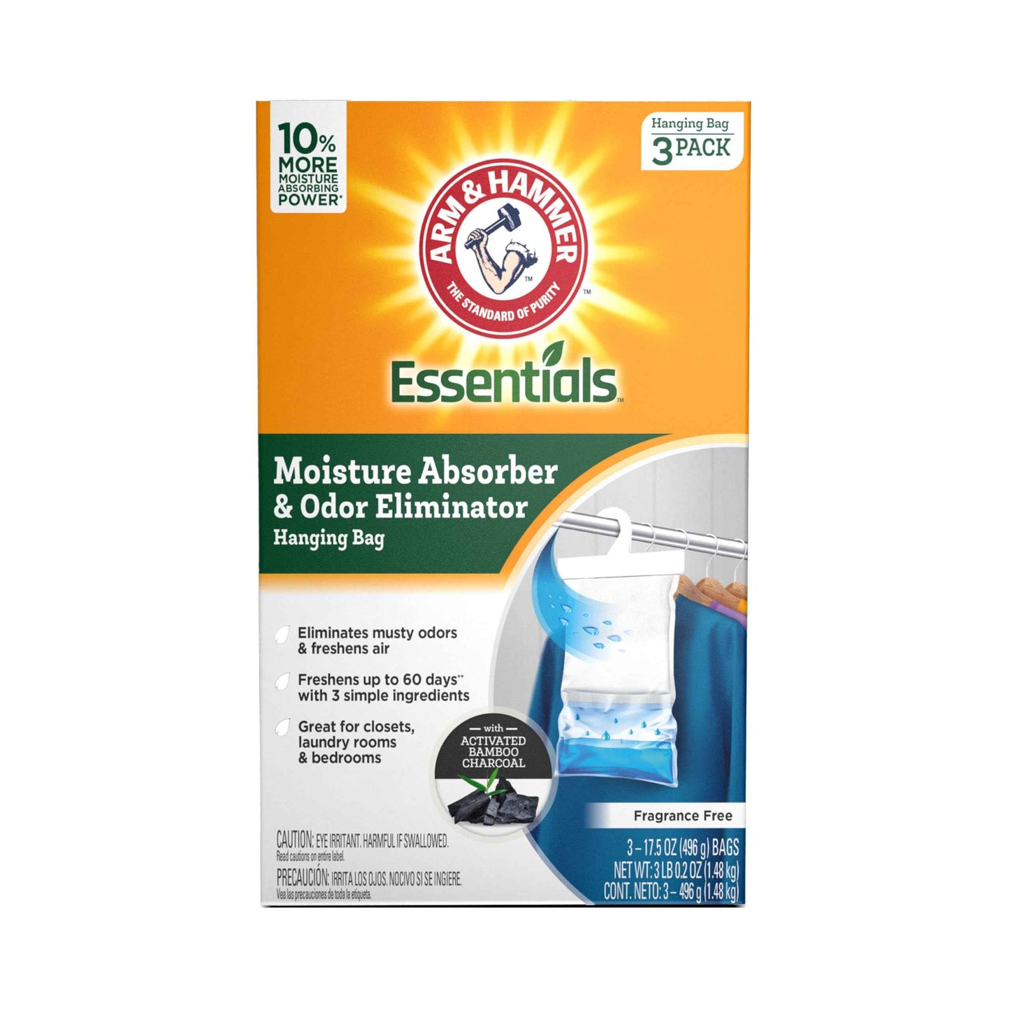 Arm & Hammer Essentials Hanging Moisture Absorber and Odor Eliminator, 17.5 oz., 3 Pack, Moisture Absorbers for Closets, Laundry Rooms and Bedrooms, Long-Lasting Freshness