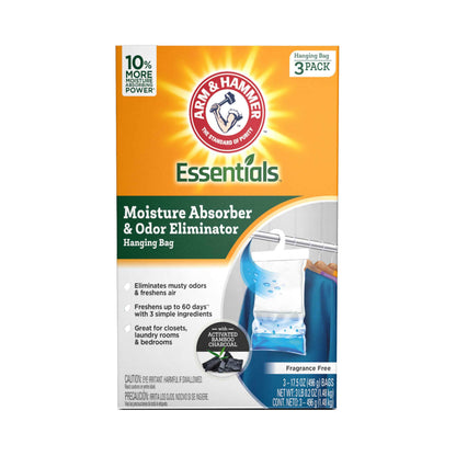Arm & Hammer Essentials Hanging Moisture Absorber and Odor Eliminator, 17.5 oz., 3 Pack, Moisture Absorbers for Closets, Laundry Rooms and Bedrooms, Long-Lasting Freshness