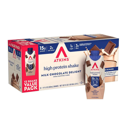 Atkins High Protein Shake, 15g Protein, 2g Net Carb, 1g Sugar, Keto Friendly, Chocolate Flavored Protein Shakes