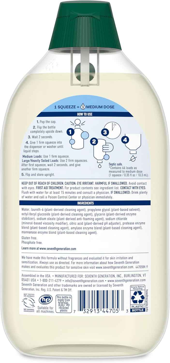 Seventh Generation Ultra Concentrated Free & Clear Laundry Detergent, 23.1 fl oz, No Dyes or Fragrance, EasyDose Cap, Sensitive Skin Liquid Laundry Soap Targets Stains and Everyday Messes