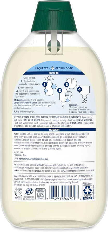 Seventh Generation Ultra Concentrated Free & Clear Laundry Detergent, 23.1 fl oz, No Dyes or Fragrance, EasyDose Cap, Sensitive Skin Liquid Laundry Soap Targets Stains and Everyday Messes