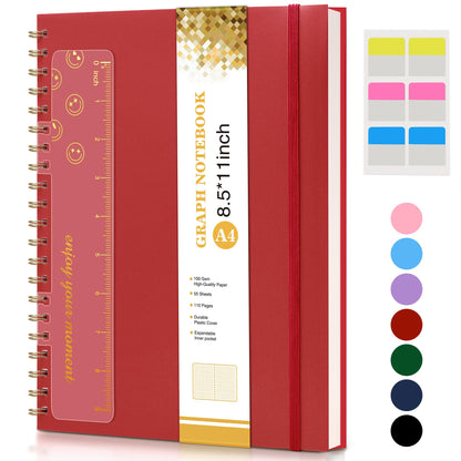 Graph Paper Notebook, Spiral Notebook Journal 8.5” x 11”, A4 Large Grid Notebooks for Women Men, 100 GSM Graph Paper, Plastic Hardcover Spiral Graphing Journals for Work School Engineerin, Red