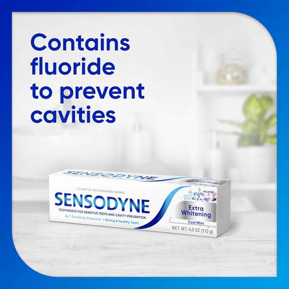 Sensodyne Extra Whitening Sensitive Teeth and Cavity Prevention Whitening Toothpaste, Amazon Exclusive, Cool Mint, Amazon Exclusive- 4 Ounces (Pack of 4)
