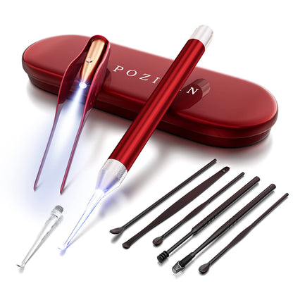 POZILAN Ear Cleaning Kit with LED Light - 15 Pack Ear Wax Removal Kit for Kids and Adults, Earwax Spoon Digger & Tweezers for Ear Cleaning Tool Present Set