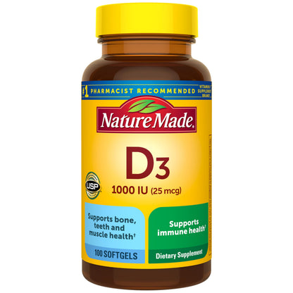 Nature Made Vitamin D3 1000 IU (25 mcg), Vitamin D Supplement for Bone, Teeth, Muscle and Immune Health Support, 100 Softgels, 100 Day Supply
