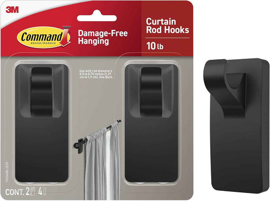 Command 10 lb Matte Curtain Rod Hooks, 2 Hooks and 4 Strips, No Drilling Home Decor and Room Decor, Use with Rod Diameters 0.5-0.75" | 10 lb, 4 Command Strips, Damage Free, Curtain Rods Hangers, Home and Room Decor
