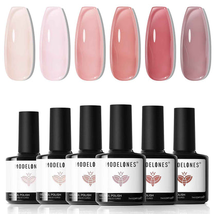 modelones Gel Nail Polish Kit -6 Colors Nude Pink Milky White Spring Gel Polish Set Skin Tones Neutral Brown Soak Off Gel Nail Kit Manicure DIY Nail Art Salon Home Gift