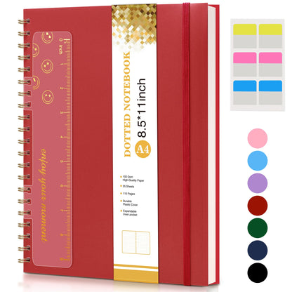 UEBZFOCS Dotted Notebook, Spiral Notebook Journal 8.5” x 11”, A4 Large Dot Grid Notebooks for Women Men, 100 GSM Dotted Paper, Plastic Hardcover Spiral Bullet Journals for Work School Sketching, Red