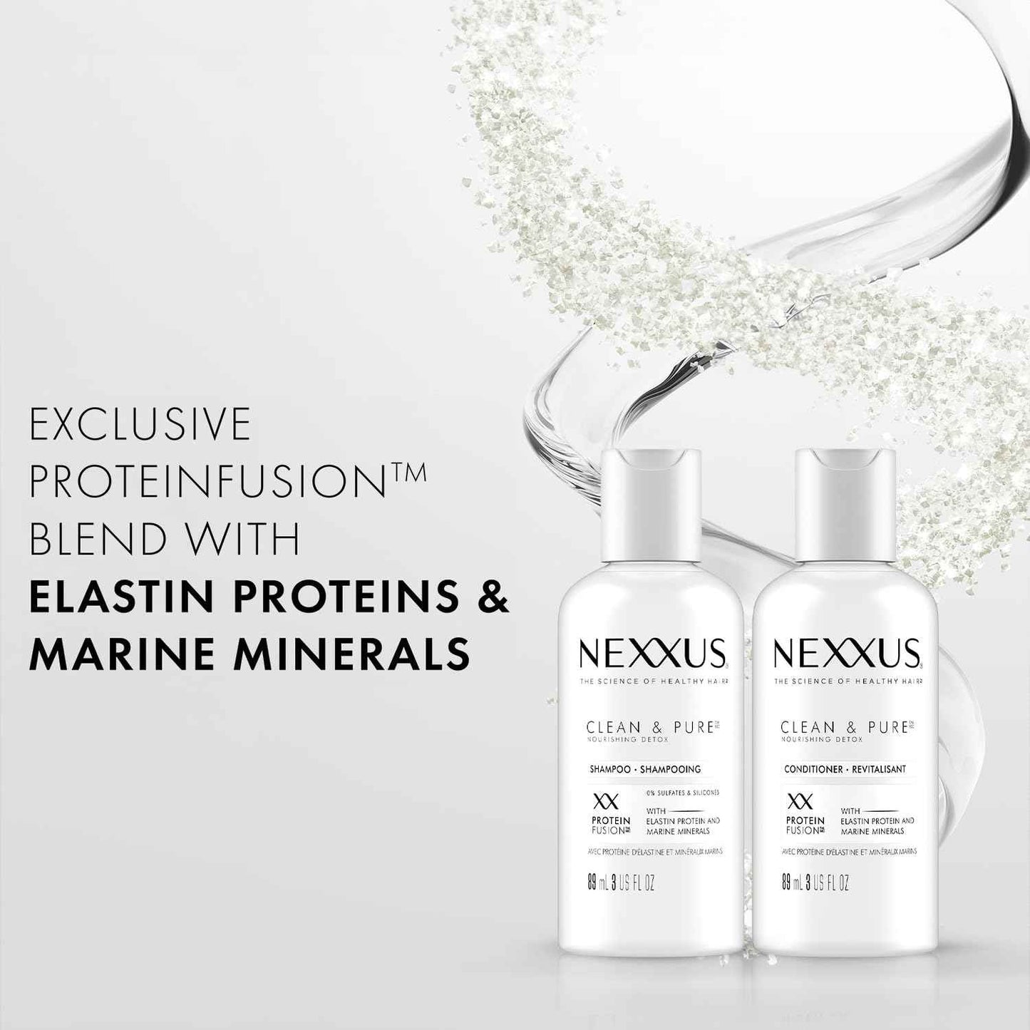 Nexxus Travel Shampoo and Conditioner, Clean & Pure – Hair Products with Elastin Protein and Marine Minerals, Sulfate-Free, 3 Oz Ea