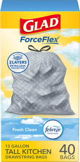 Glad Tall Kitchen Drawstring Trash Bags - Odorshield 13 Gallon White Trash Bag, Febreze Fresh Clean