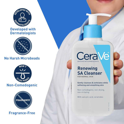 CeraVe Renewing Salicylic Acid Cleanser, Formulated With Hyaluronic Acid, Niacinamide, & Ceramides, Gentle BHA Exfoliating Face Wash Smoothes & Softens Skin, Non Comedogenic & Fragrance Free