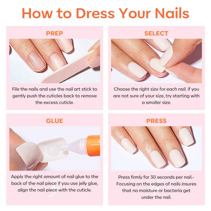 modelones French Tip Press On Nails, Short Oval Fake Nails Press Ons with Nail Glue, Adhesive Tabs, Nail File, Prep Pad, Manicure Stick, 32Pcs 16 Sizes, Nude, Spring Women Girl Gift