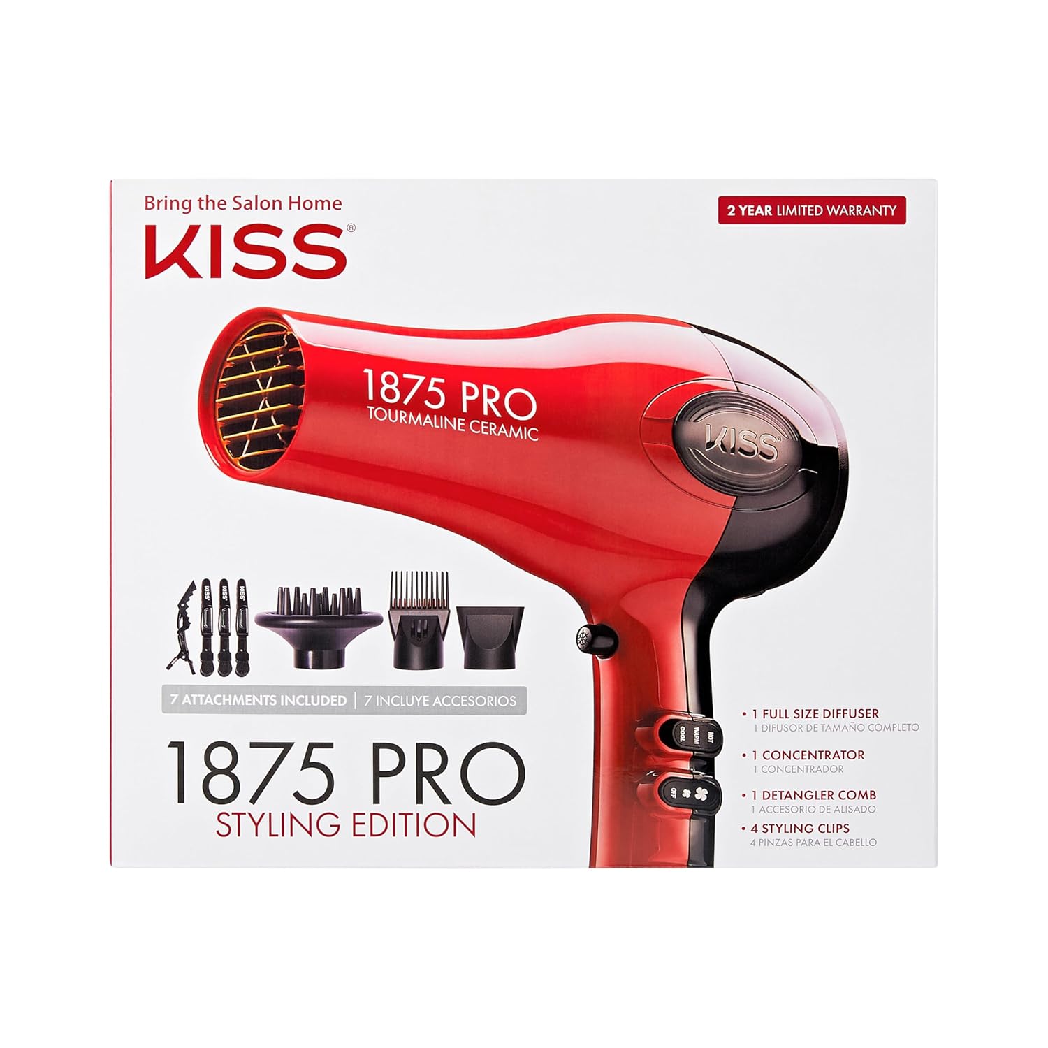 KISS_1875_Watt_Pro_Tourmaline_Ceramic_Hair_Dryer,_Styling_Edition,_3_Heat_Settings,_2_Speed_Settings,_Cool_Shot_Button,_7_Blow_Dryer_Accessories_Included,_2-Year_Warranty_-_Red