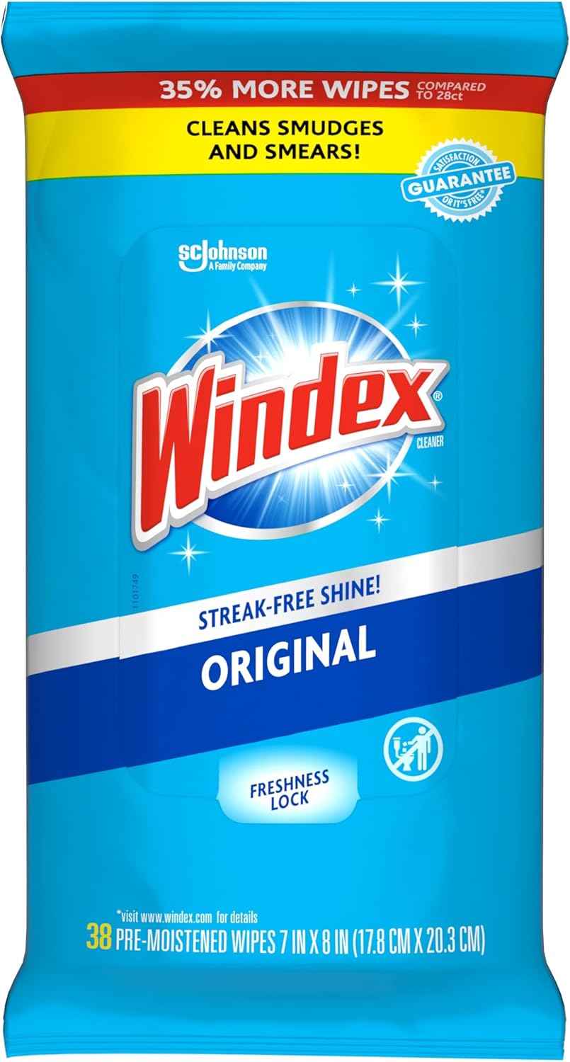 Windex Wipes Glass Cleaning, Pre-Moistened Glass and Surface Wipes to Clean Home Surfaces, Household Essentials, Original Scent