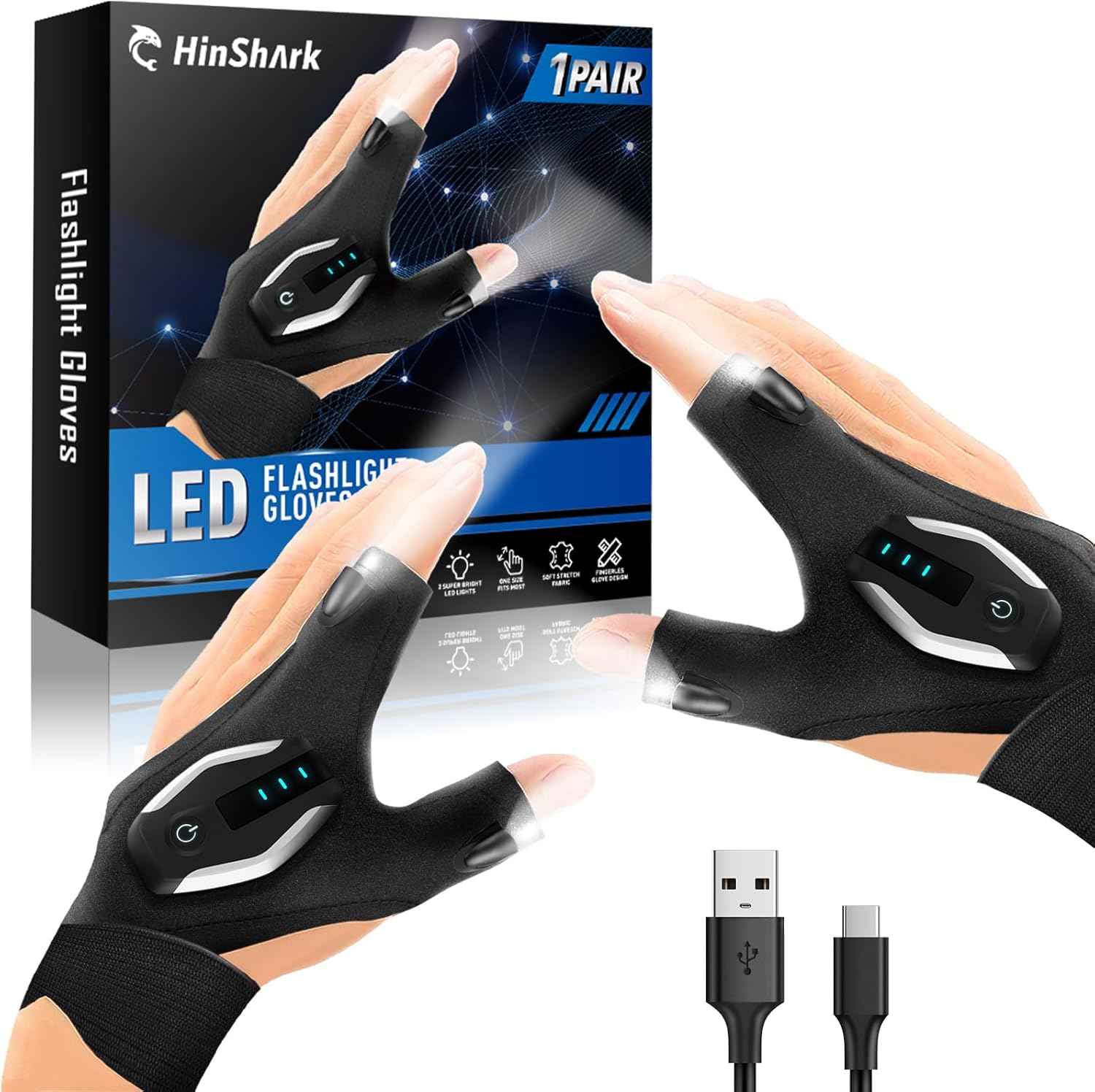 Valentines Day Gifts for Him, LED Flashlight Gloves, Mens Valentines Gifts for Men Dad Husband Boyfriend, Anniversary Birthday Gifts for Camping Essentials Cool Gadgets Tools for Fishing Repairing