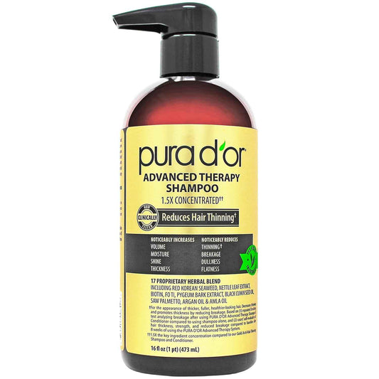 PURA D'OR Advanced Therapy Shampoo Reduces Hair Thinning & Increases Volume, No SLS, Biotin Shampoo Infused w/Argan Oil, Aloe Vera for All Hair Types, Men & Women, Invigorating Forest Scent 16 Fl Oz