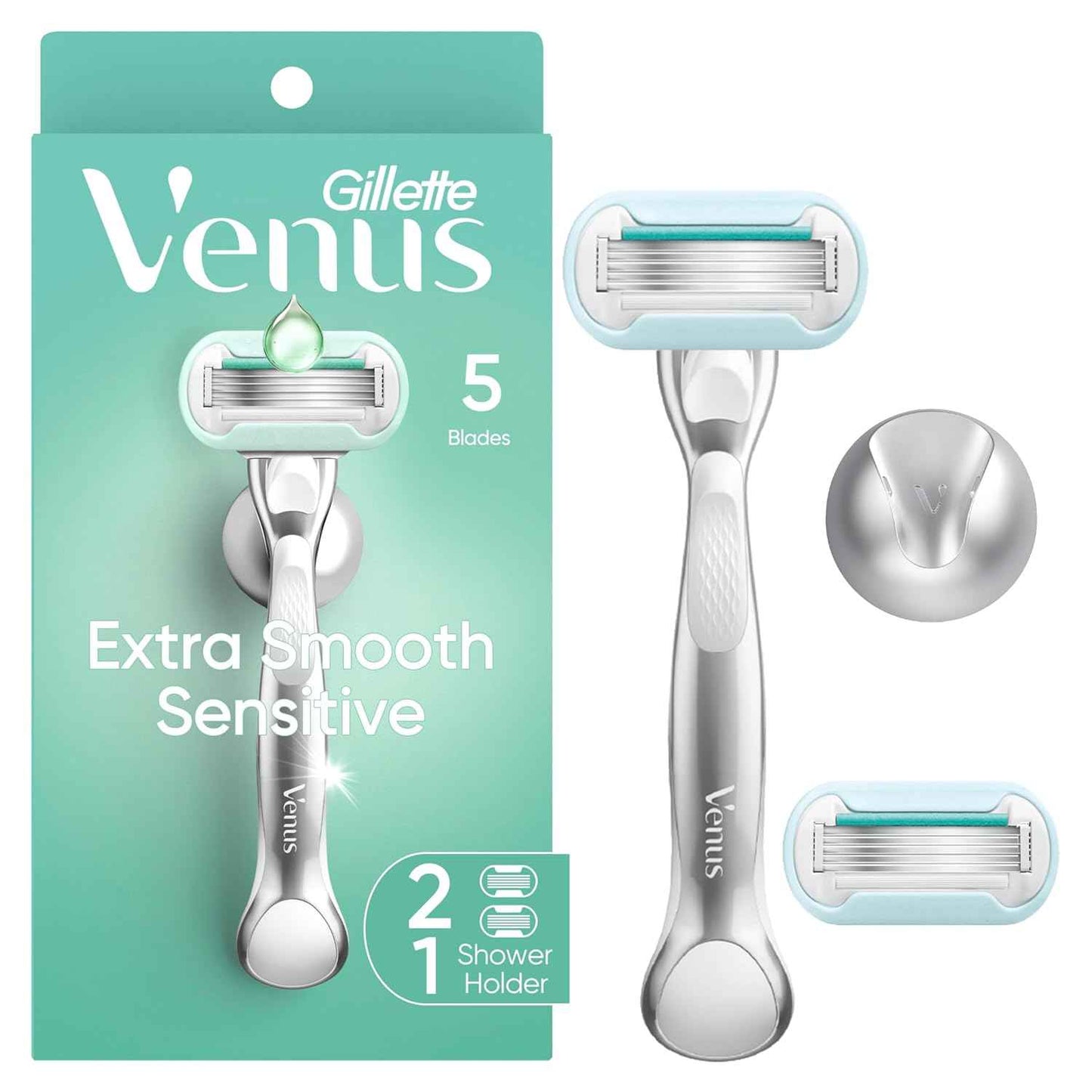 Gillette Venus Razor for Women, Includes 1 Reusable Razor Handle + 2 Refills, for Sensitive Skin with Metal Handle and Shower Holder