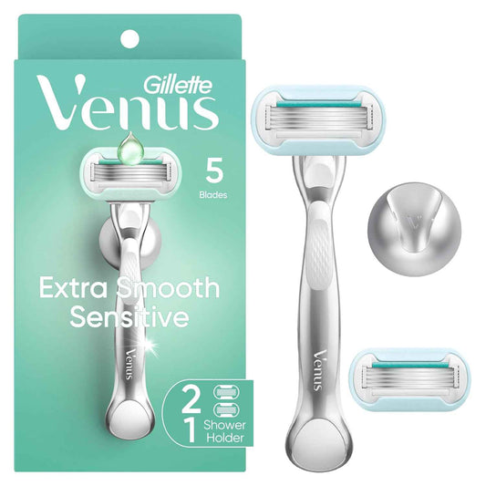 Gillette Venus Razor for Women, Includes 1 Reusable Razor Handle + 2 Refills, for Sensitive Skin with Metal Handle and Shower Holder